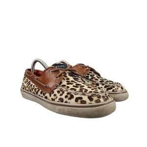 Sperry Shoes Womens 8.5 Top Sider Boat Deck Leather Leopard Print Fashion Preppy